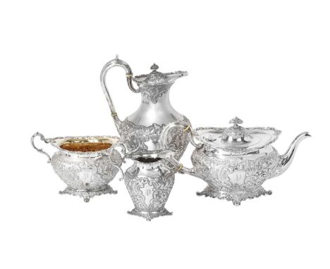 An Edward VII Scottish Silver Four-Piece Tea-Service,  by John Alexander Fettes, Glasgow, 1902 each piece tapering and on fou