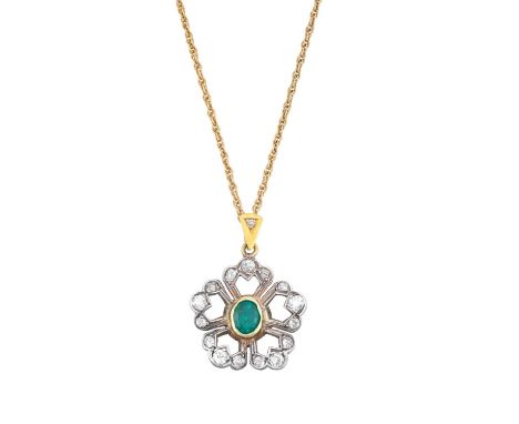 An Emerald and Diamond Cluster Pendantthe oval cut emerald in a yellow rubbed over setting, within an openwork petal motif bo