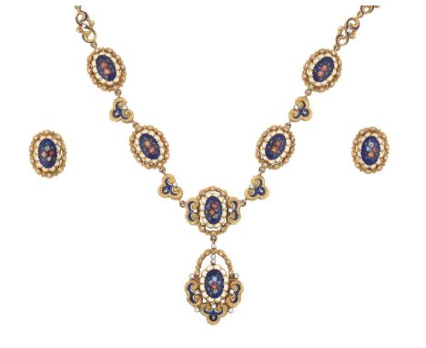 An Enamel and Diamond Necklace, Bracelet and Earring Suitefive oval plaques enamelled in blue, green, white, red and pink to 