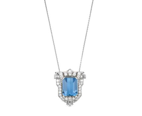 An Early 20th Century Aquamarine and Diamond Pendant on Chain of geometric and scroll form, with an emerald-cut aquamarine ce