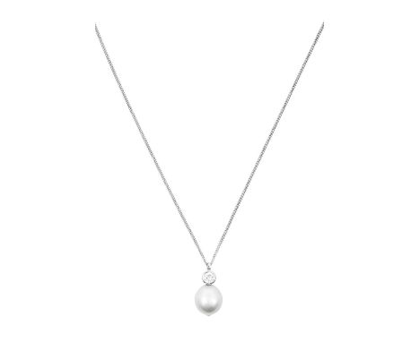 A Diamond and Cultured Pearl Pendant on Chain the oval cultured pearl surmounted by a round brilliant cut diamond in a white 