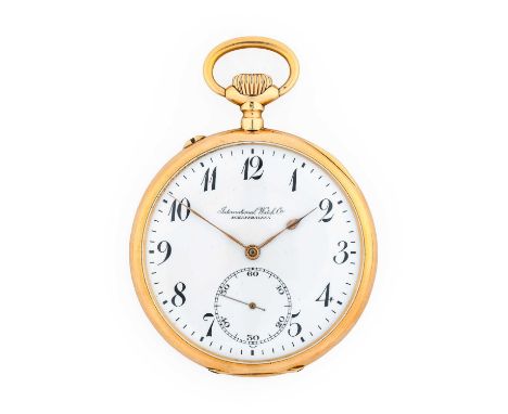 IWC: A 14 Carat Gold Open Faced Pocket Watch, signed International Watch Co, Schaffhausen, circa 1912, manual wound lever mov