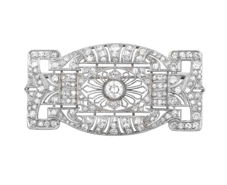 A Diamond Broochthe openwork geometric plaque set throughout with old cut and eight-cut diamonds, in white claw and millegrai