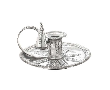 A George III Silver Chamber-Candlestick,  by Thomas Holland, London, 1805 shaped circular and on collet foot, the rim, handle