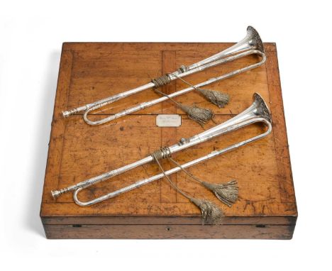 A Pair of Victorian Silver Ceremonial Trumpets,  by Henry Potter, London, 1885 each of typical form, the tapering end chased 