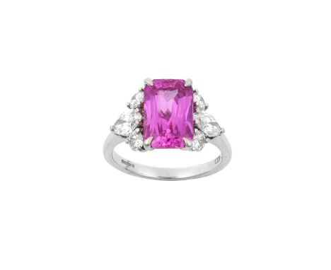 A Platinum Pink Sapphire and Diamond Ring, by Hirsh Londonthe emerald-cut pink sapphire with a single marquise cut diamond an