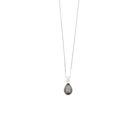 A Diamond and Cultured Pearl Pendant on Chain the pear shaped grey cultured pearl surmounted by a round brilliant cut diamond