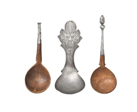 Two Continental Silver-Mounted Wood Spoons,  Apparently Unmarked, Perhaps Swiss, 17th Century the silver mount on each taperi