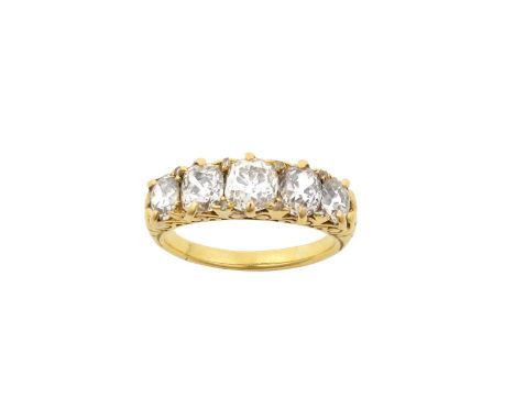 A Diamond Five Stone Ring the graduated old cut diamonds spaced by rose cut diamond accents, in yellow claw settings, to a pl