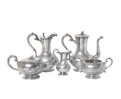 A Victorian Five-Piece Silver Tea and Coffee-Service,  by Albert John Beardshaw and Co., Sheffield, 1841 each piece pear-shap