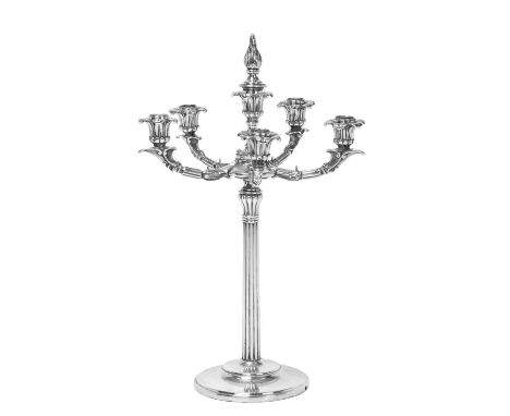 A Victorian Silver-Six Light Candelabrum,  by T. Wilkinson and Sons, Birmingham, Probably 1862 on plain circular base with fl
