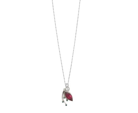A Tourmaline, Emerald and Diamond Pendant on Chain, by Catherine Bestthe white spray form set throughout with a marquise cut 