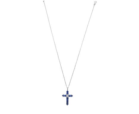 A Sapphire and Diamond Pendant on Chainthe cross motif with four round brilliant cut diamonds centrally and set throughout wi