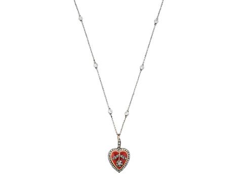 A Late 19th Century Enamel and Diamond Pendant on Chainthe heart shaped pendant enamelled in red with a white border, overlai