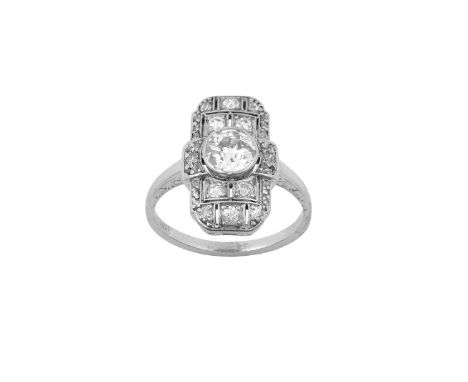 An Art Deco Diamond Cluster Ringthe rectangular plaque positioned up the finger, formed of a central old cut diamond within a