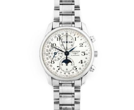 Longines: A Stainless Steel Automatic Triple Calendar Chronograph Wristwatch with Moonphase and 24-Hour Indication, signed Lo