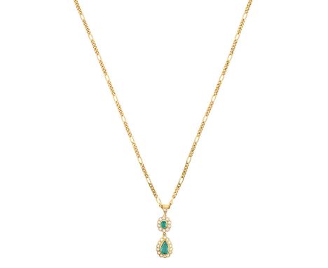 An 18 Carat Gold Emerald and Diamond Cluster Pendant on Chain and A Pair of 18 Carat Gold Matching Drop Earringsthe pear cut 