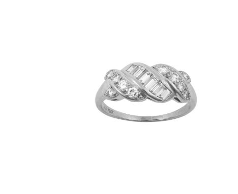 A Diamond Ringa row of graduated baguette cut diamonds flanked by rows of graduated round brilliant cut diamonds aligned alon