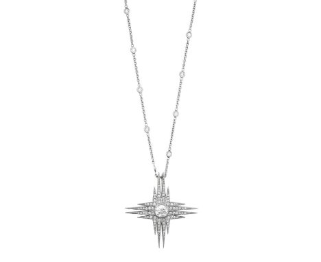 A Platinum Diamond Pendant on Chain, by Hirsh Londonof stylised star form, with a round brilliant cut diamond centrally to ta