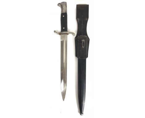 German Third Reich Fire Police dress bayonet.   Good example with 24.5 cm plated blade bearing "HMH" to forte. Recurved cross