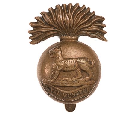 Royal Munster Fusiliers WW1 brass economy Irish cap badge c. 1916-18. Good scarce die-stamped flaming grenade, the ball beari
