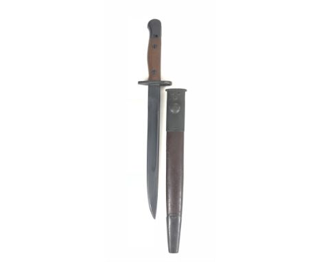 WW2 Australian Owen MKI SMG Bayonet. Very good clean example with 10 inch single edge blackened blade. Short central fuller. 