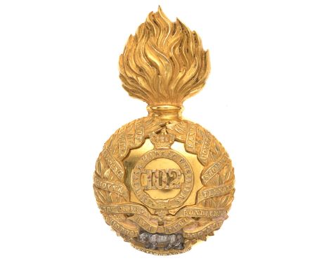 102nd Royal Madras Fusiliers pre 1881 Officer's fur cap grenade badge.  Fine rich gilt flaming grenade; mounted on the domed 