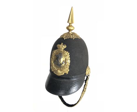 Victorian Dockyard Battalions Officer's 1855 Pattern Helmet.  A very good and rare example. The body of the helmet in felt ma