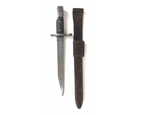 WW1 1916 Canadian Ross Bayonet.  This example with issue stamps for November 1916. Housed in  polished brown leather scabbard