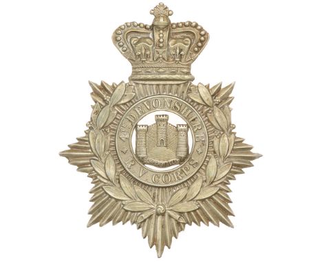 4th Devonshire Rifle Volunteer Corps Victorian helmet plate badge c. 1880-85.  Good scarce die-stamped white metal crowned st