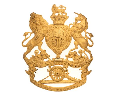 Royal Artillery Cadet Company Victorian Officer's helmet plate badge.  Good scarce die-stamped rich gilt Royal Arms with a sc
