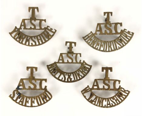 5 Territorial Army Service Corps brass shoulder title badges c. 1908-20.  T / ASC /  YORKSHIRE ... T / ASC / HEREFORDSHIRE ..