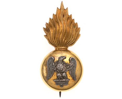 Royal Irish Fusiliers Victorian Officer's glengarry badge c. 1881-96.  Fine gilt flaming grenade, the domed ball mounted with
