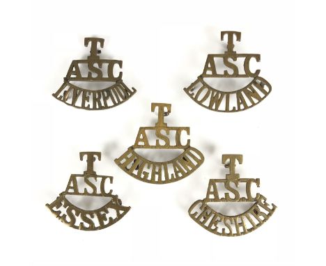 5 Territorial Army Service Corps brass shoulder title badges c. 1908-20.  T / ASC /  LIVERPOOL ... T / ASC / LOWLAND ... T / 