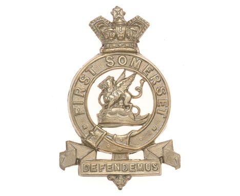 First Somerset Militia (Taunton) Victorian glengarry badge c. 1874-81.  Good scarce die-stamped white metal crowned strap FIR