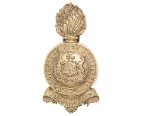 Edinburgh City Artillery Volunteers Scottish pre 1908 busby plume holder badge.  Good scarce die-stamped white metal flaming 