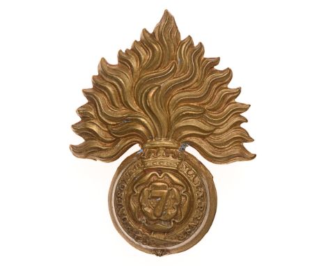 7th (or Royal Fusiliers) Regiment of Foot glengarry badge c. 1874-81.  Fine scarce die-stamped brass flaming grenade, the bal