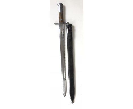Swiss 1914 Schmidt Rubin Sawback Bayonet by Waffenfabrik Neuhausen.  Good 19 inch single edged blade with fuller to one side 