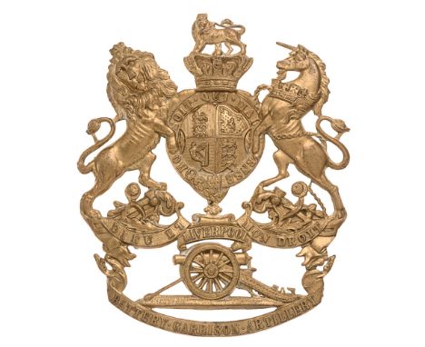Liverpool Battery Garrison Artillery Victorian Canadian helmet plate badge.  Good rare die-stamped brass Royal Arms, a scroll