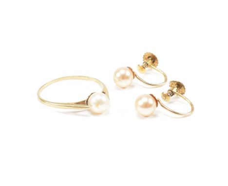 A pair of vintage hallmarked 9ct yellow gold screw back earrings and a ring. The ring having a cultured pearl to a suspended 