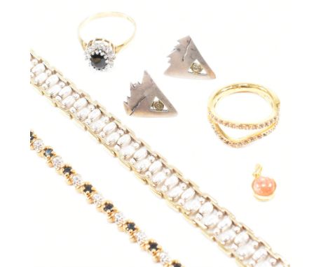 A collection of 925 silver and vermeil jewellery. The lot to include a sapphire and diamond tennis line bracelet, CZ and sapp