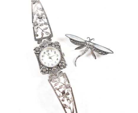 A hallmarked 925 silver and marcasite B&amp;B wrist watch together with a 925 silver and mother of pearl dragon fly brooch pi