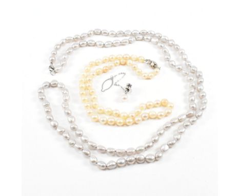 Two cultured pearl necklaces together with a Mikimoto dress stud. A silvered cultured pearl necklace with white metal clasp. 