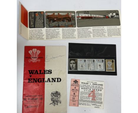 A 1969 Investiture of The Prince of Wales first day cover together with a Wales v England rugby programme and ticket for the 