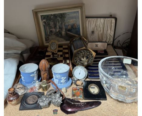 An Orrefors glass bowl, together with shoe buckles, special constable medal, chess board, oil painting, napkin rings, opaque 