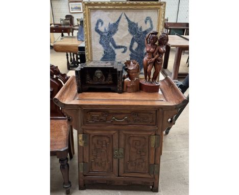 A Chinese hardwood alter table together with carved figures, a jewellery box and a print