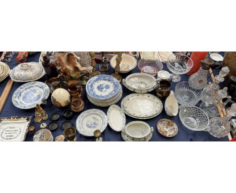 A Sunderland lustre wall plaque "Prepare to Meet Thy God" together with blue and white pottery plates, glass decanters, Staff