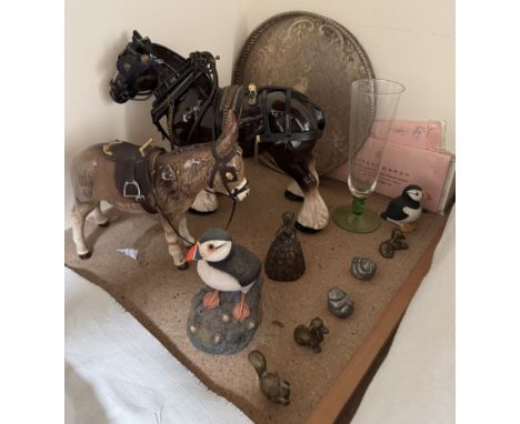 A Sylvac donkey together with a shire horse, brass animals, puffin etc 