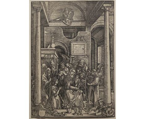 Albrecht Dürer: Nürnberg 1471 - 1528. &gt;br&gt;Motiv:  Mariens Verehrung. &gt;br&gt;Holzschnitt aus dem „Marienleben“, um 15