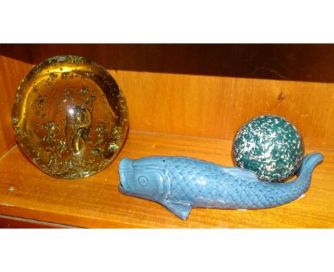 A large glass dump paperweight with bubble decoration, 16.5cm, (hole in top), a mottled pottery carpet bowl and a C H Brannan